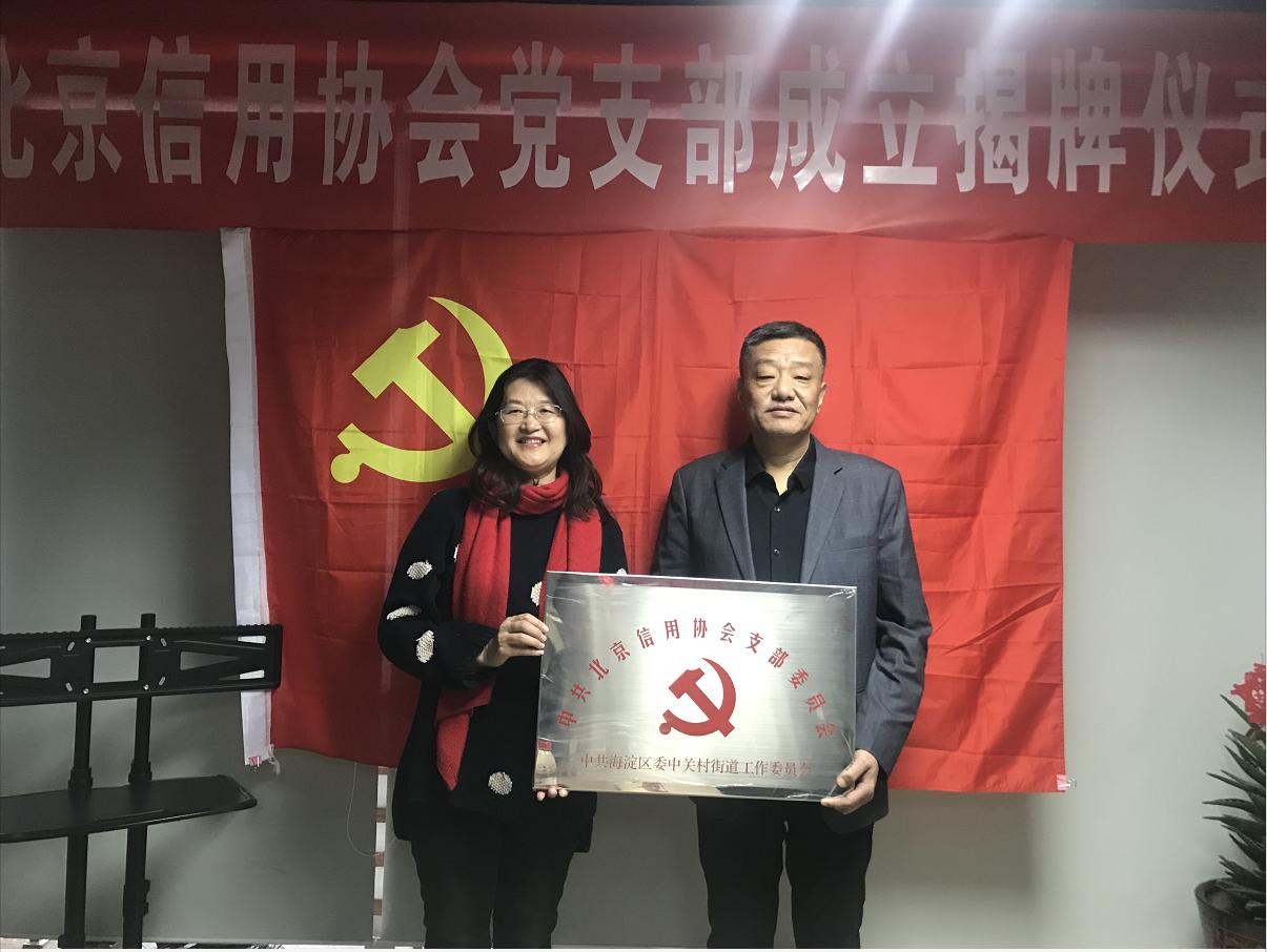 中关村街道党工委副书记刘京红向北京信用协会颁授党支部牌匾